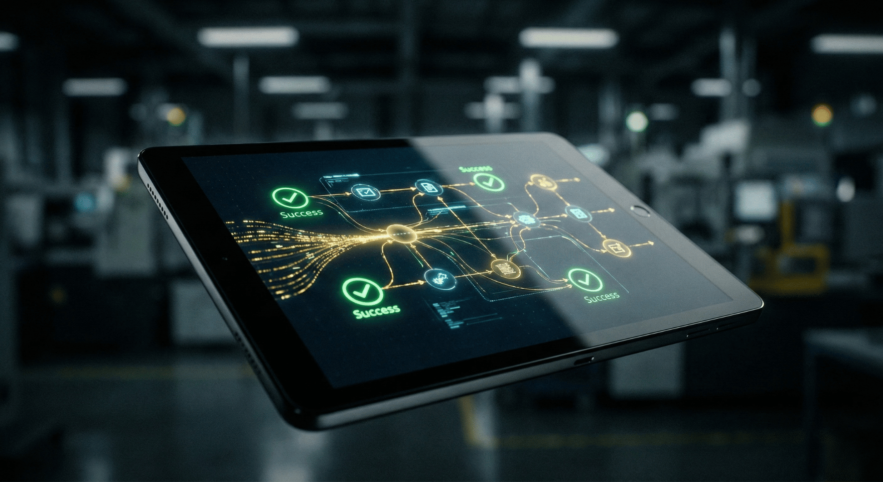 Matte black tablet displaying a glowing gold and teal digital workflow automation map on a dark surface
