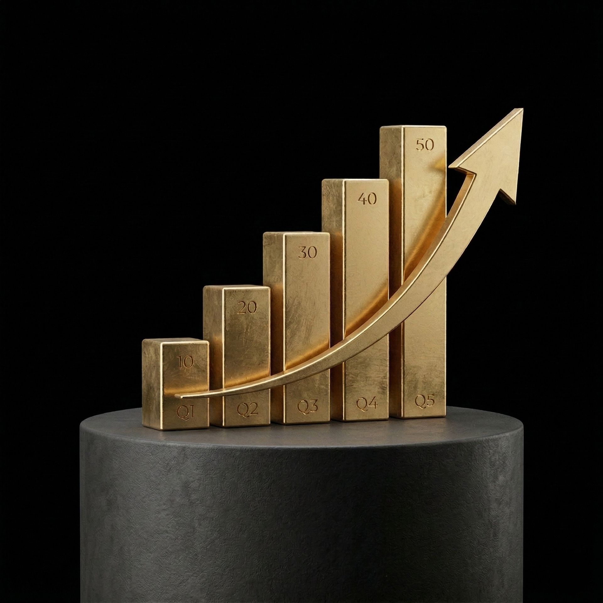 Gold rising bar graph icon representing predictable revenue and student scaling